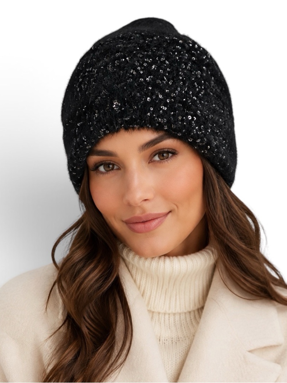 rag & bone Dahni Black Sequin Soft Ribbed Knit Lined Beanie Hat One Size NWOT